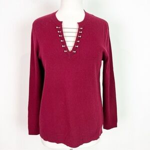THE KOOPLES BURGUNDY RED V-NECK SWEATER SILVER METAL BAR DETAIL WOMENS MEDIUM